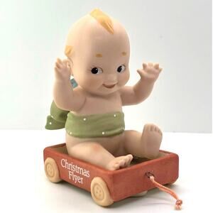 Vintage 1990's Enesco, Rose O'Neill Porcelain Kewpie Doll, in Christmas Wagon